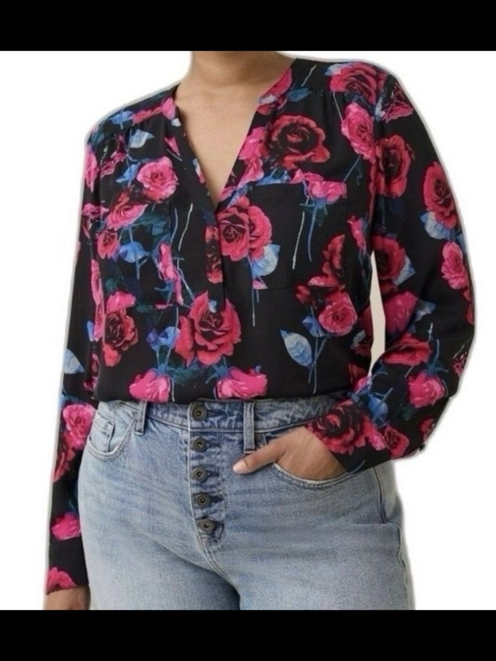torrid Black Blouse with Hot Pink and Blue Floral Print